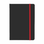 A5 notebook with black rubber feel cover and red elastic band closure on the right.