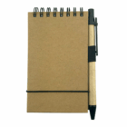 Brown Stonepaper Mini Notebook with spiral binding and a black pen attached on the right.