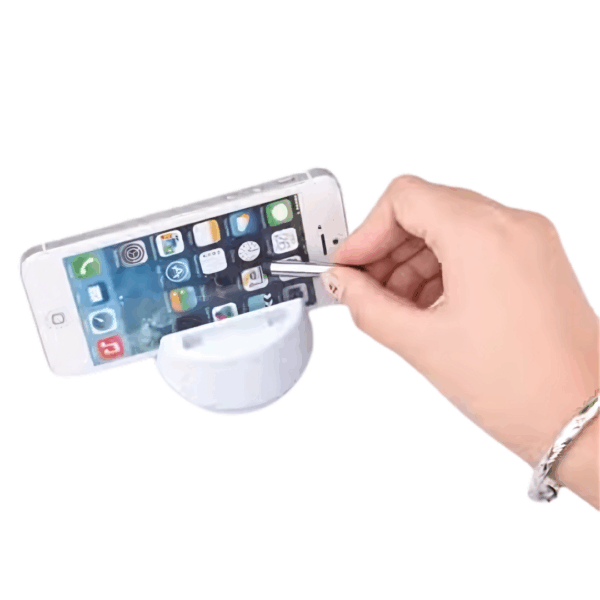 Hand using stylus on smartphone in a white Three in One Phone Chair.