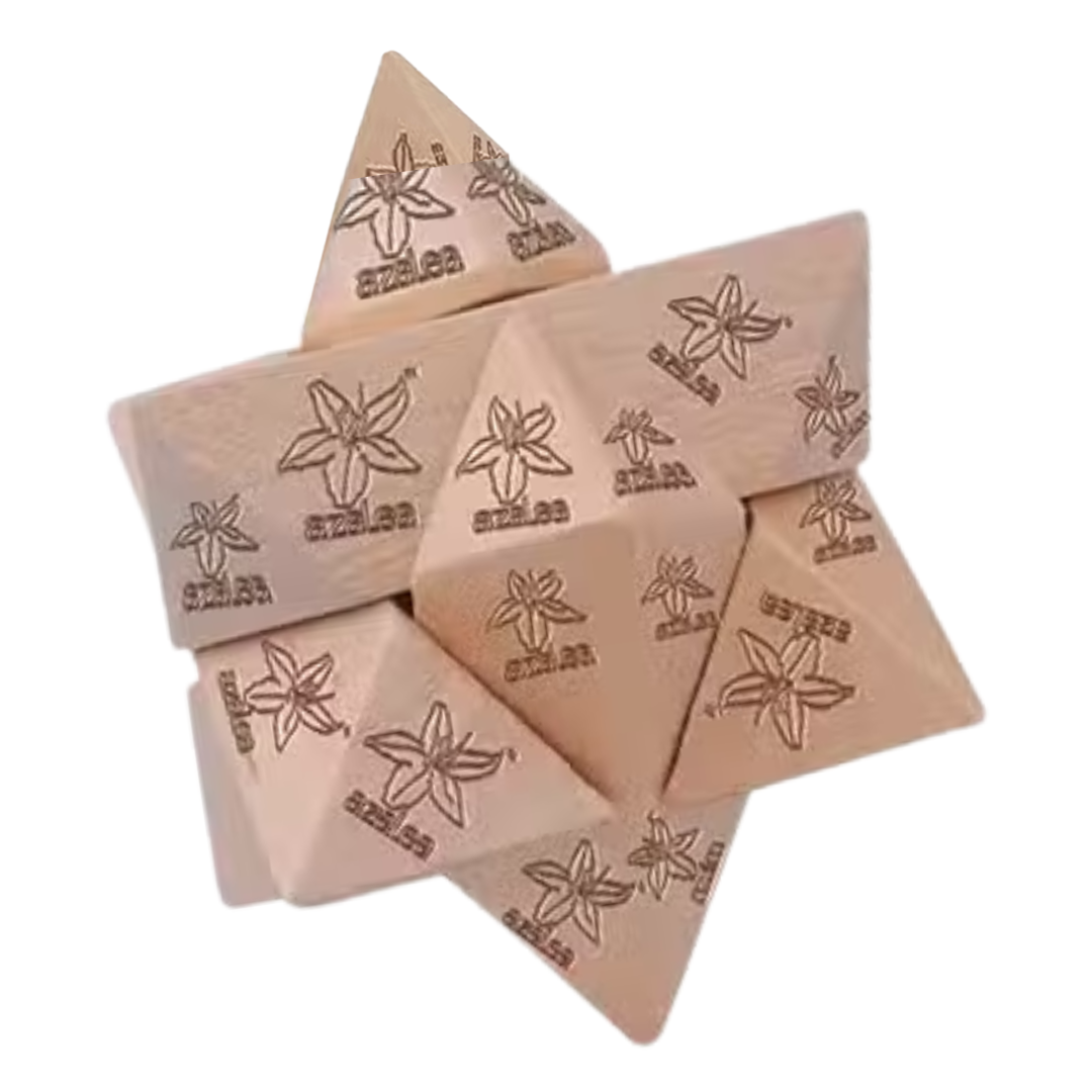 Six interlocked Tri Star wood puzzles, each engraved with a star-shaped flower design.