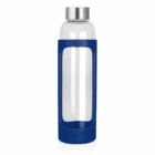 600ml Taler Glass Drink Bottle with blue silicone sleeve and silver lid.