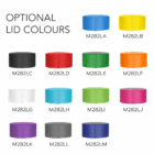 Twelve colored lids for the 600ml Taler Glass Drink Bottle, labeled OPTIONAL LID COLOURS left.