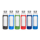 Six 600ml Taler Glass Drink Bottles with colored silicone sleeves in black, blue, green, red, navy.