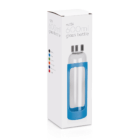 600ml Taler Glass Drink Bottle, blue sleeve, white packaging.