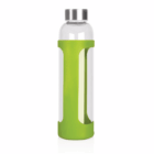 600ml Taler Glass Drink Bottle with green silicone sleeve and sleek silver cap.