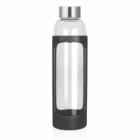 600ml Taler Glass Drink Bottle: clear glass, silver lid, black sleeve, on white background.