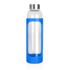 600ml Taler Glass Drink Bottle, blue silicone sleeve, silver lid, white background.