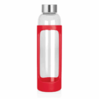 600ml Taler Glass Drink Bottle, red silicone sleeve, silver lid, on white background.
