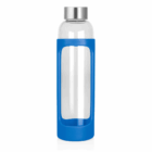 600ml Taler Glass Drink Bottle with blue silicone sleeve and silver cap.