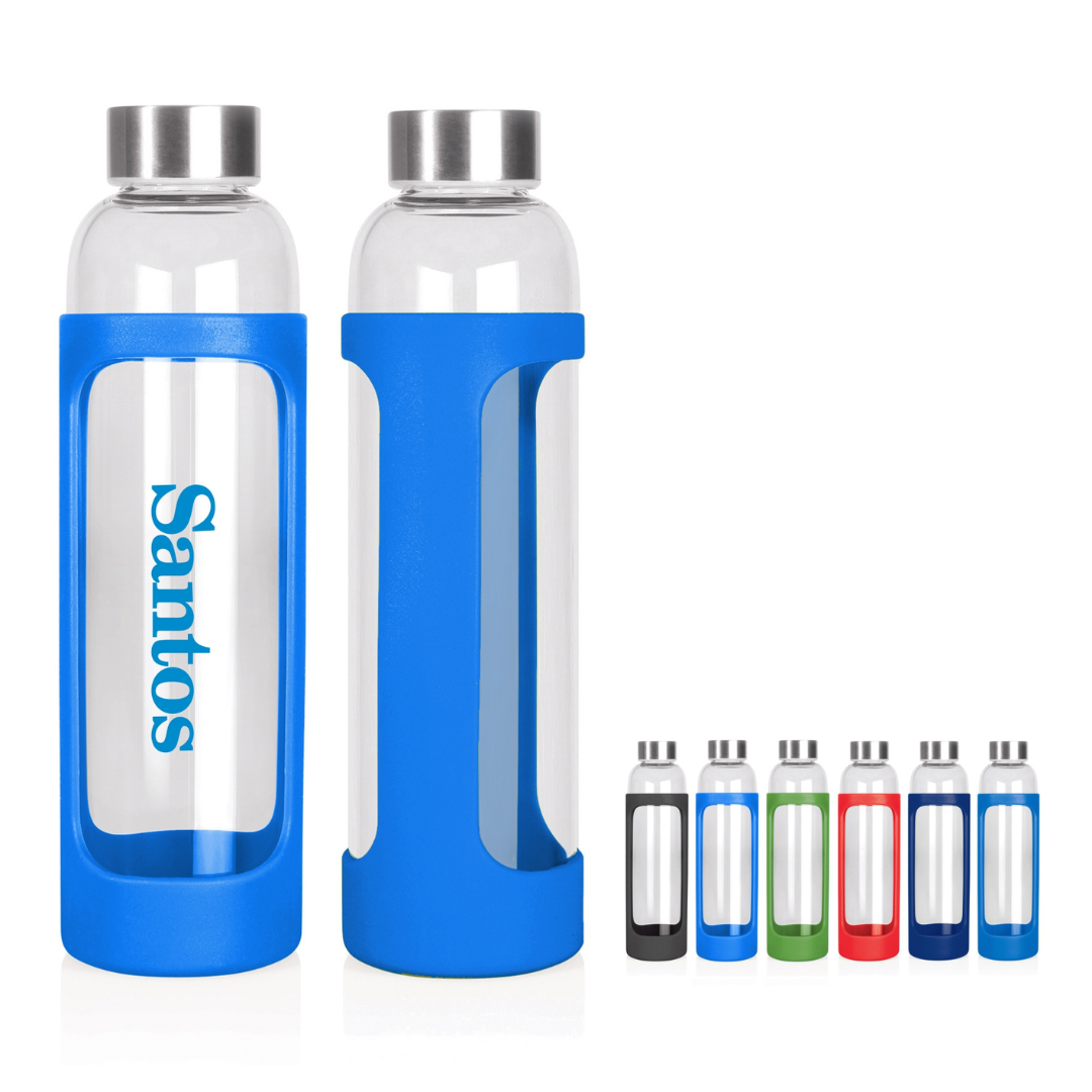 Two 600ml Taler Glass Drink Bottles with blue sleeves, plus five other sleeve colors shown.