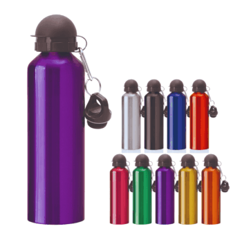Nine 750ml kane Stainless Steel Sports Bottles with black lids, each in a different color.