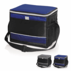 Carry Strap 6 Can Cooler Bag in blue/black, shown from three different angles.