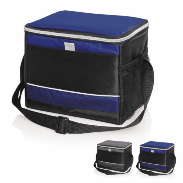 Carry Strap 6 Can Cooler Bag in blue/black, shown from three different angles.