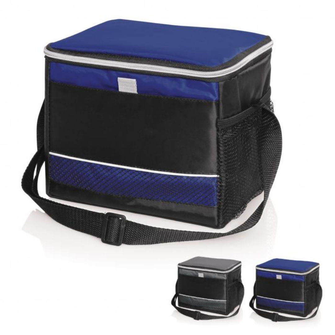 Carry Strap 6 Can Cooler Bag in blue/black, shown from three different angles.