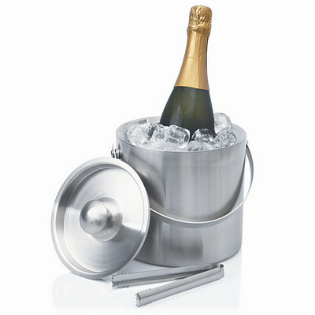 Champagne Novelty Ice Bucket with lid and tongs, perfect for chilling on a white background.