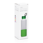 600 Silicon Bottom Glass Drink Bottle with green lid/sleeve shown next to its box.