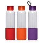 Three 600ml Silicon Bottom Glass Drink Bottles with red, orange, and purple lids.