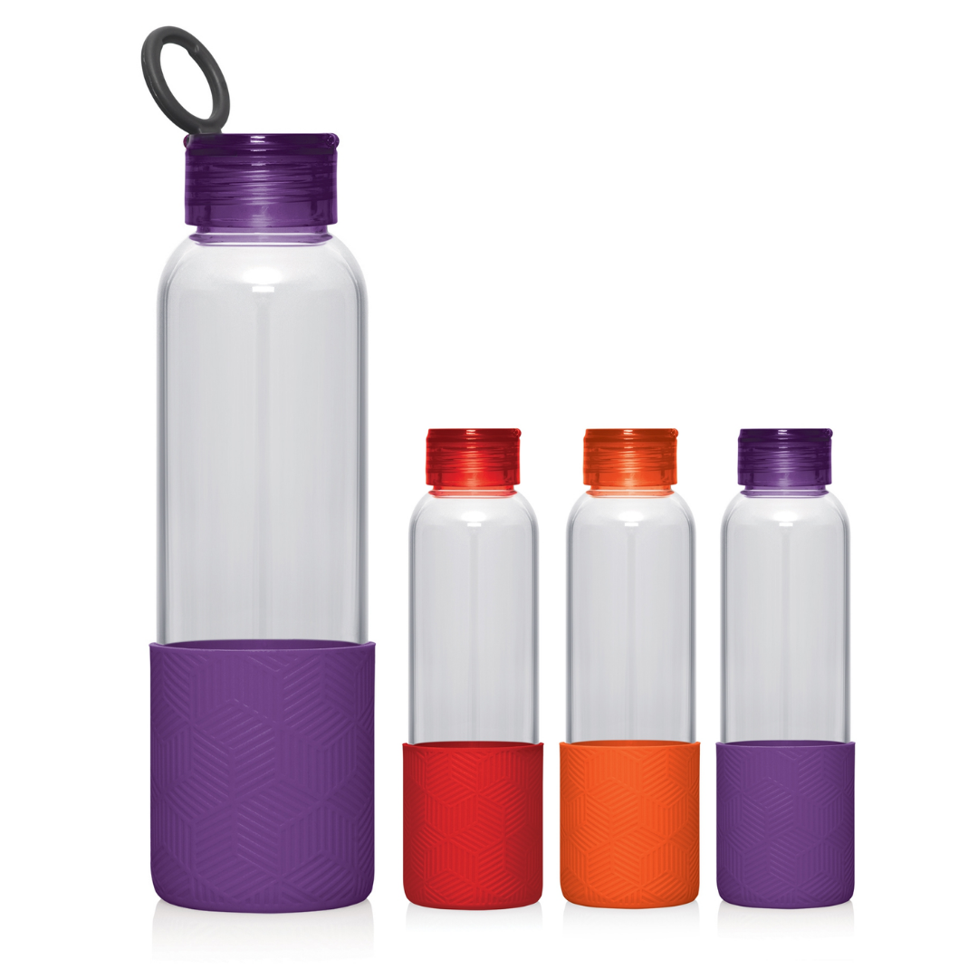 Set of four 600 Silicon Bottom Glass Drink Bottles with purple, red, and orange lids.