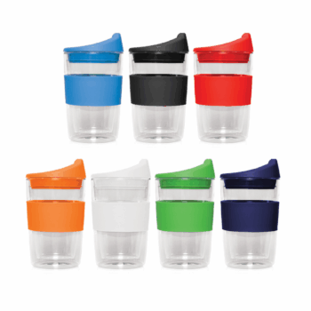 Set of 8 Ulverly Double-Walled 300ml Travel Mugs with colorful lids and bands—ideal for travel.