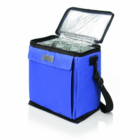 A Gel Panel 12 Can Cooler, blue, holds bottles with its lid open.