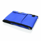 Folded Gel Panel 12 Can Cooler in blue with zipper and pocket on white background.