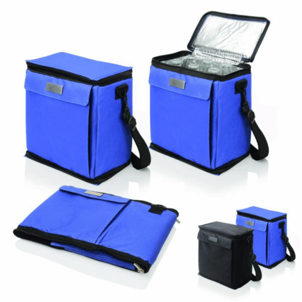 Gel Panel 12 Can Cooler shown open, closed, folded flat, and in two available sizes.