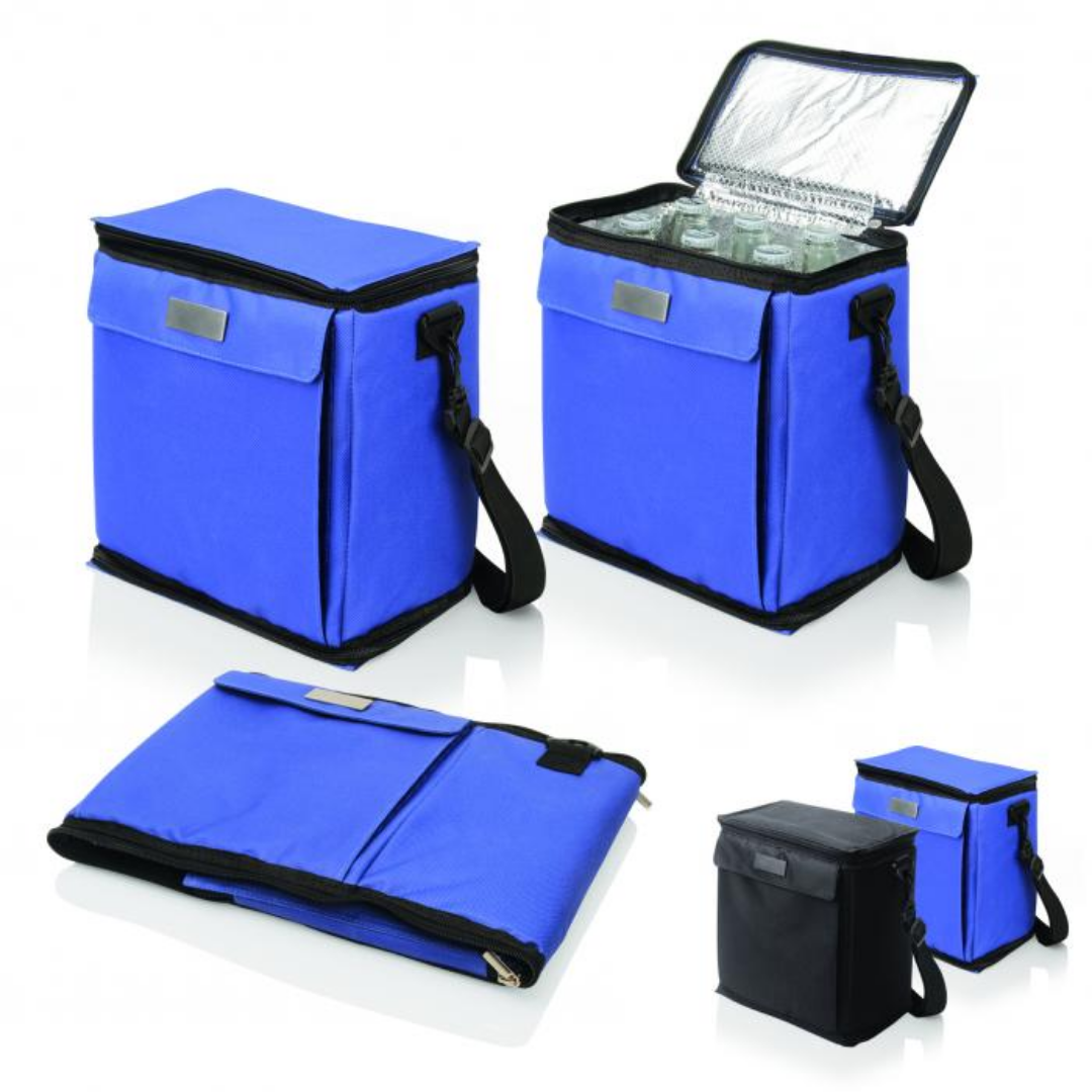 Gel Panel 12 Can Cooler shown open, closed, folded flat, and in two available sizes.