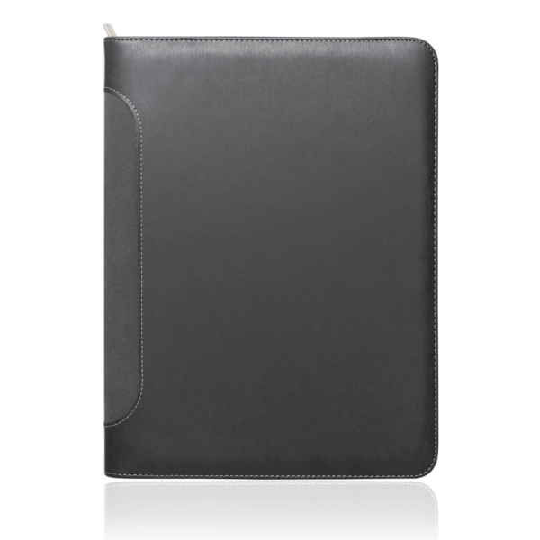 Port A4 Zipper Compendium, black with white stitching, shown closed and upright on white.