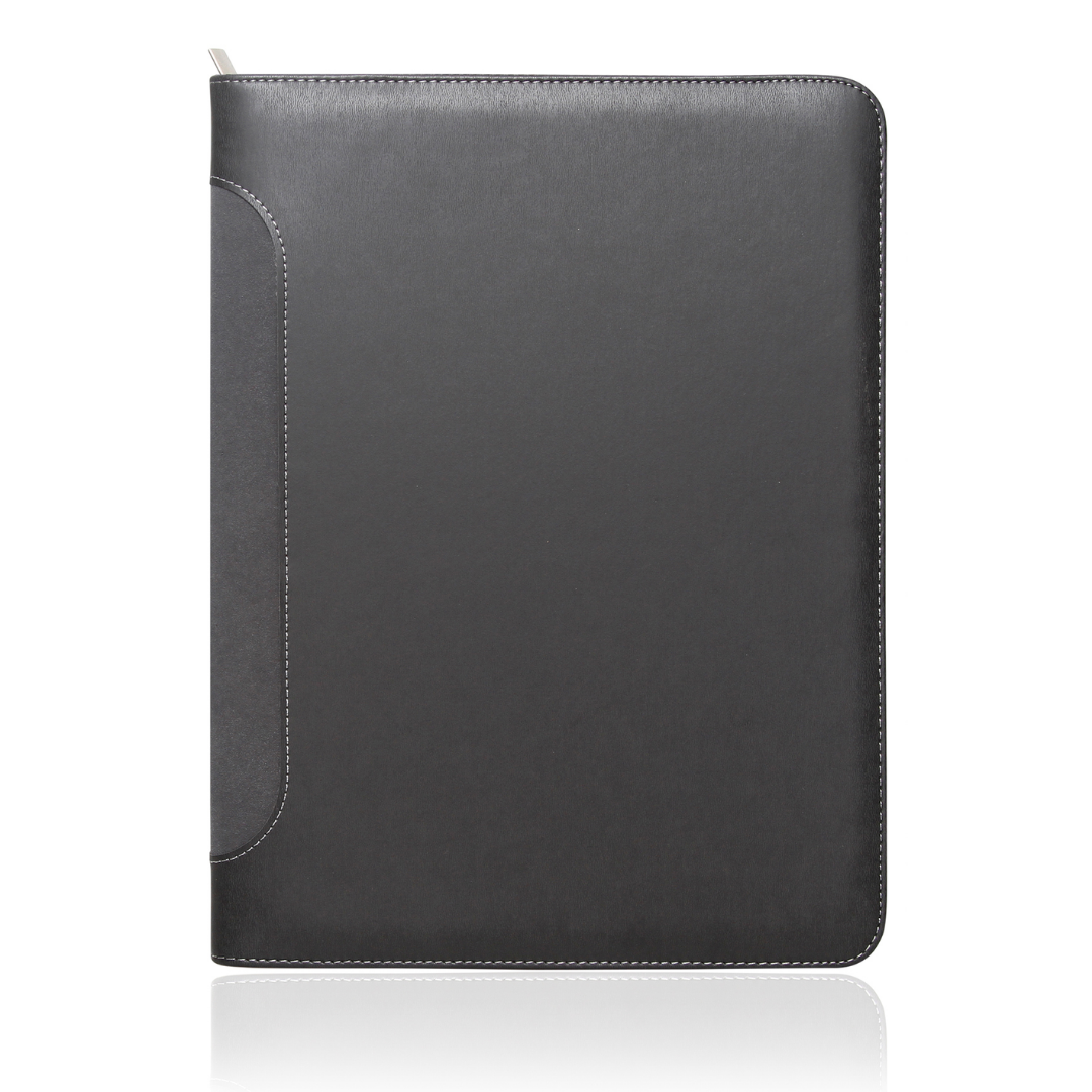 Port A4 Zipper Compendium, black with white stitching, shown closed and upright on white.