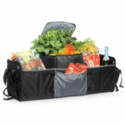 Removable Cooler Car Boot Organiser loaded with groceries, bread, snacks, and cooler included.