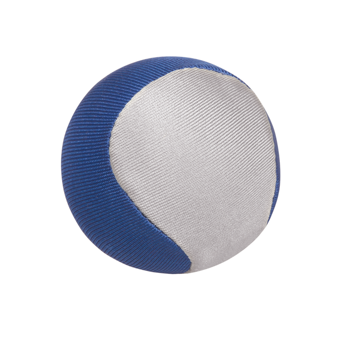A round blue and white Schwimmer Skimma Ball on a white background.