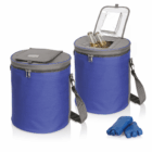 Two Solihull Picnic Coolers in blue, one open with drinks and ice packs beside them.