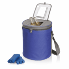 Solihull Picnic Cooler: Blue insulated bag with bottles, ice packs, and shoulder strap.