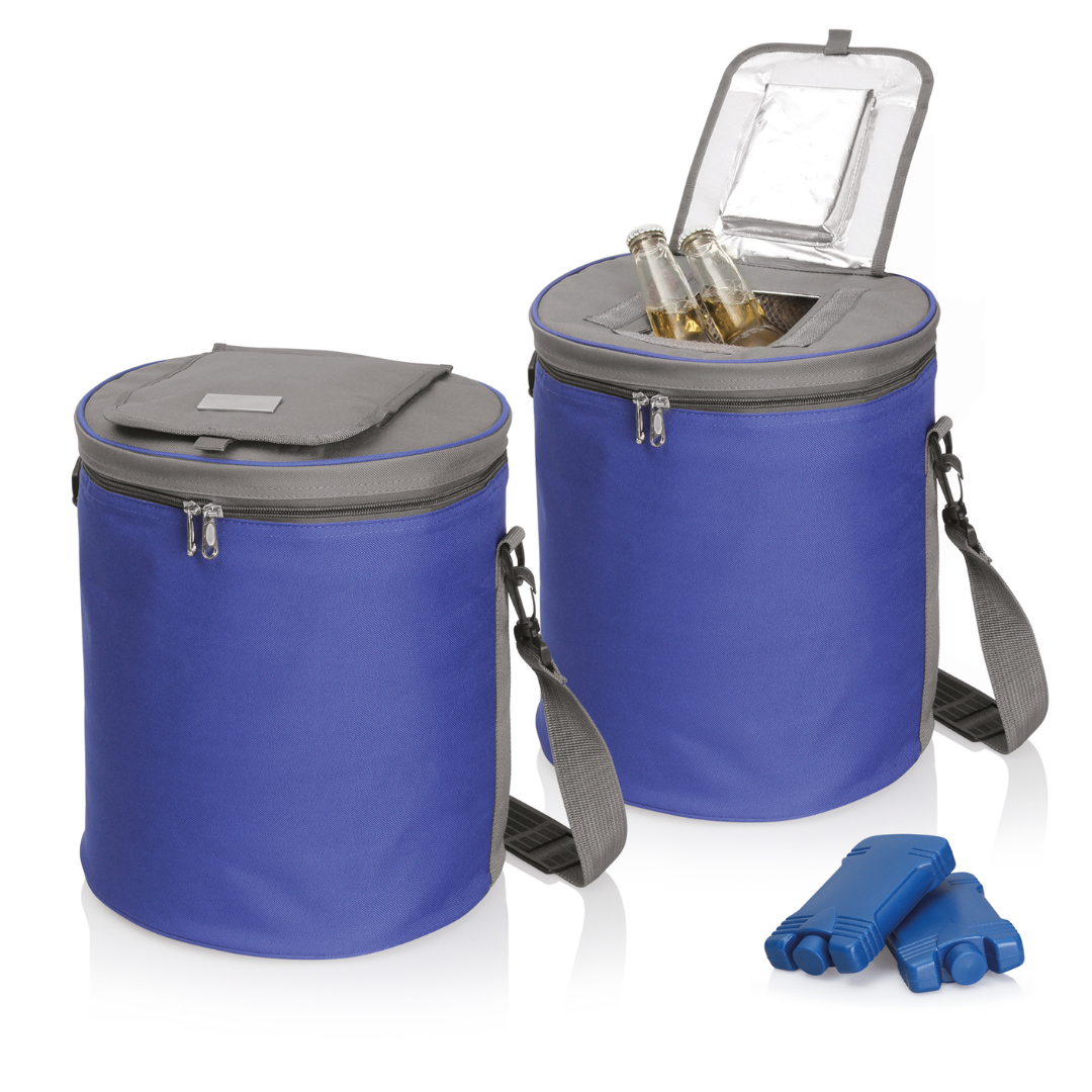 Two Solihull Picnic Coolers in blue, one open with drinks and ice packs beside them.