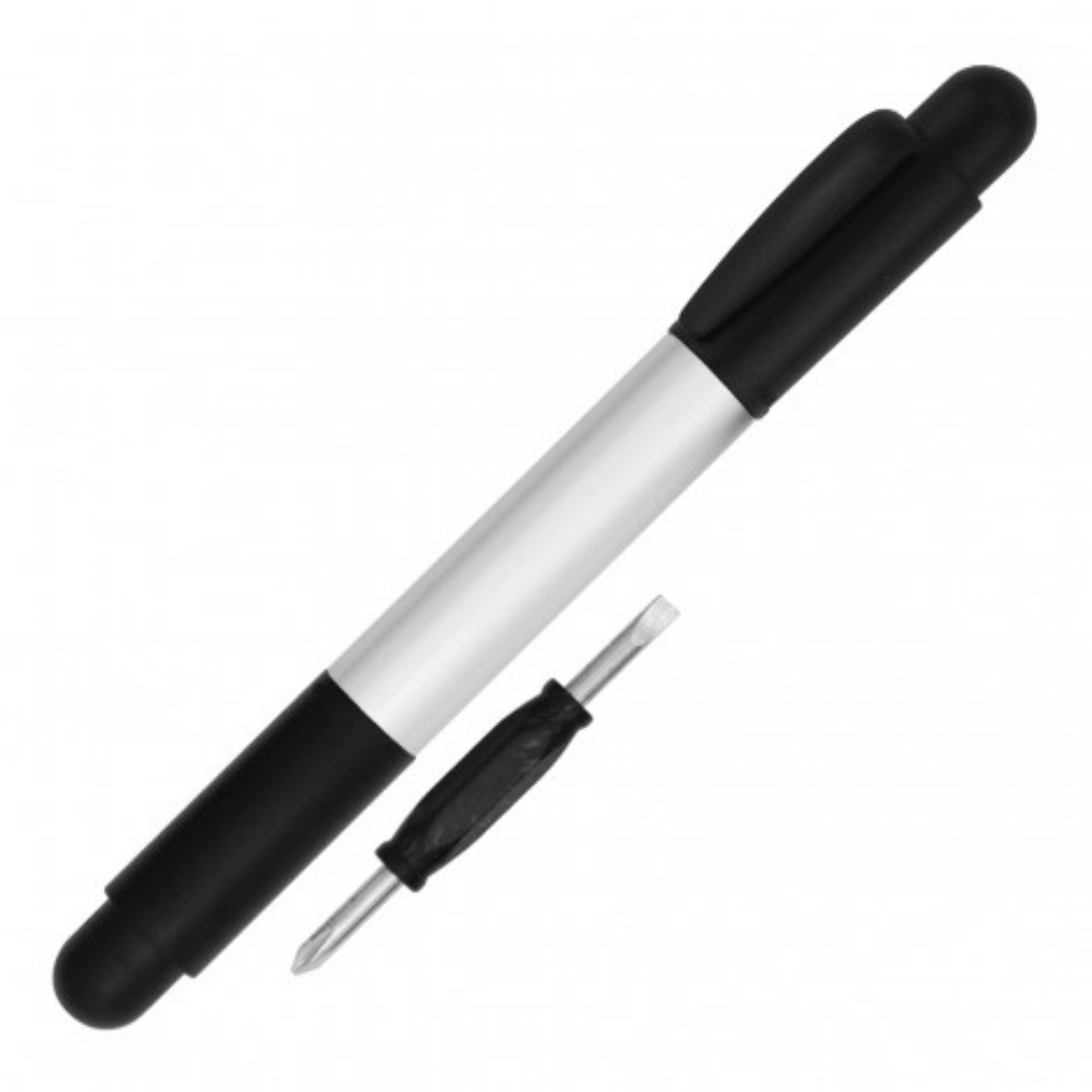 A compact bike pump with a Tradie 3-in-1 Screwdriver Ballpoint Pen on a white background.