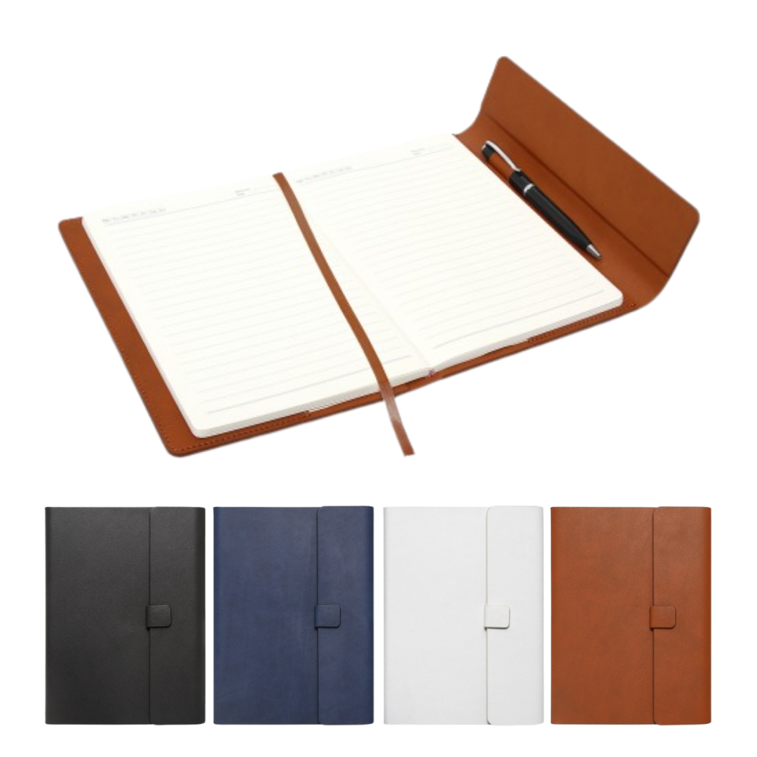 Vint A5 Journal with Sleeve, pen, and four closed journals in black, blue, white & brown.