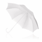 White Wedding Umbrella with curved handle, open on a white surface.