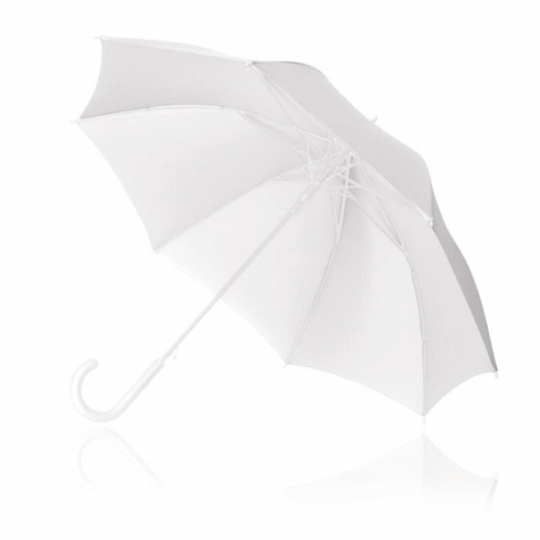 White Wedding Umbrella with curved handle, open on a white surface.