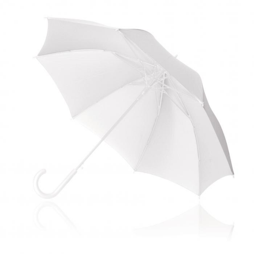 White Wedding Umbrella with curved handle, open on a white surface.