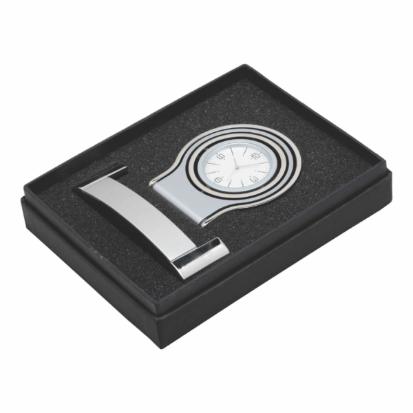 Arizona Customised Gift Box with a silver clock & card holder in black foam.