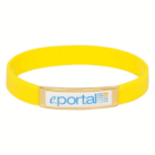 Yellow Dome Printed Silicone Band with rectangular e.portal logo on a metal plate.