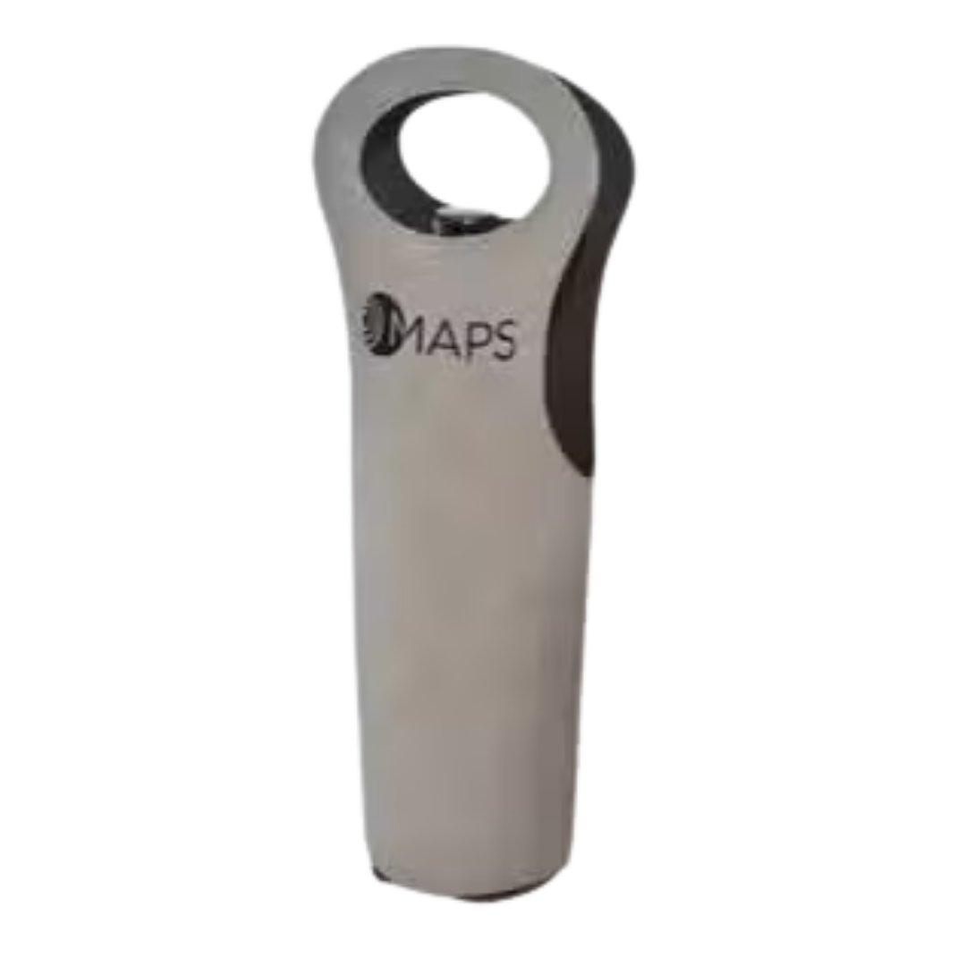 Silver bottle opener with MAPS logo—pairs perfectly with Easy BYO Brandable Wine Carriers.