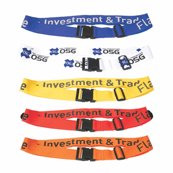 Set of five Maryland Promotional Luggage Straps with black buckles and printed logos.