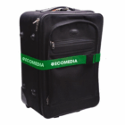 Black suitcase with a Maryland Promotional Luggage Strap wrapped around it.