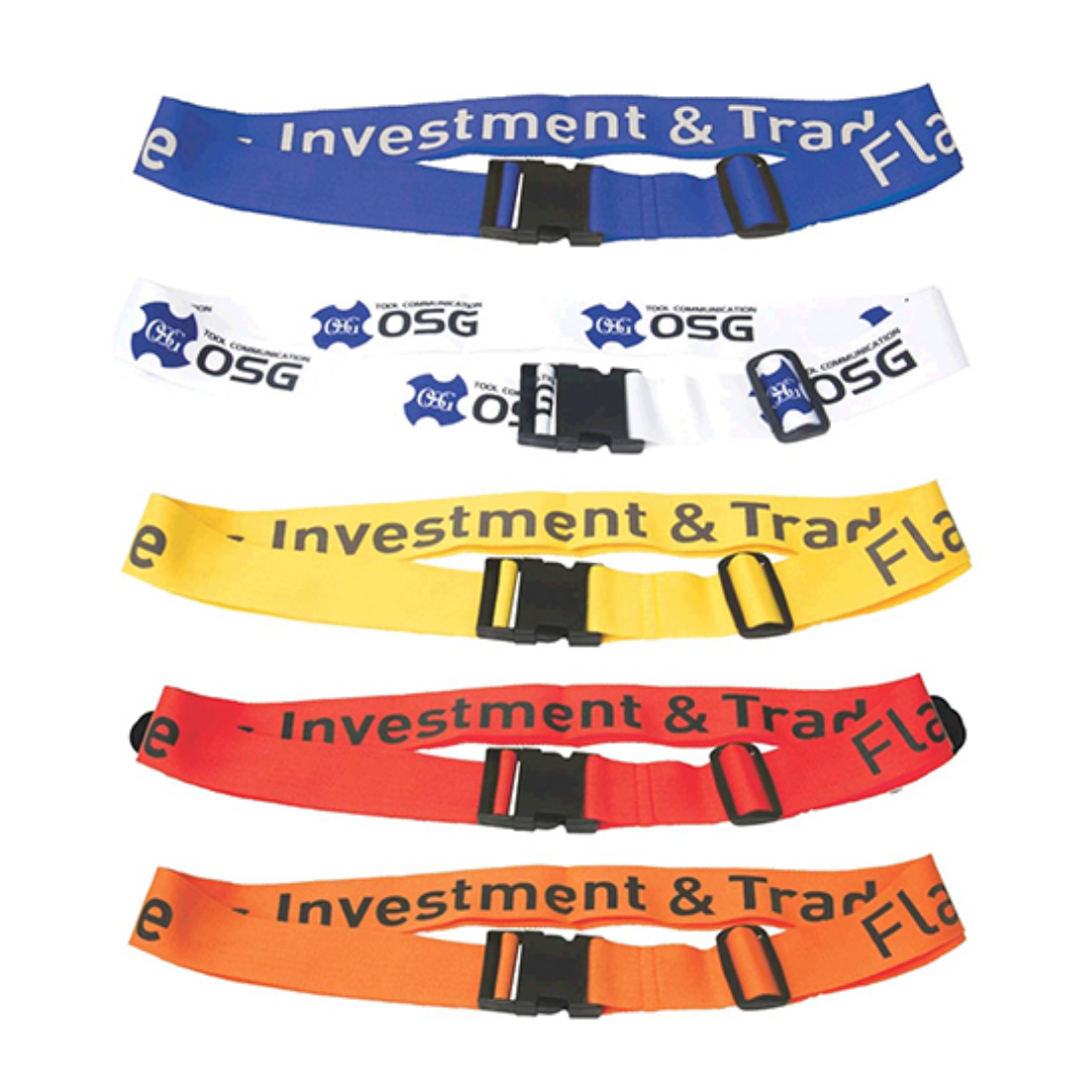 Set of five Maryland Promotional Luggage Straps with black buckles and printed logos.