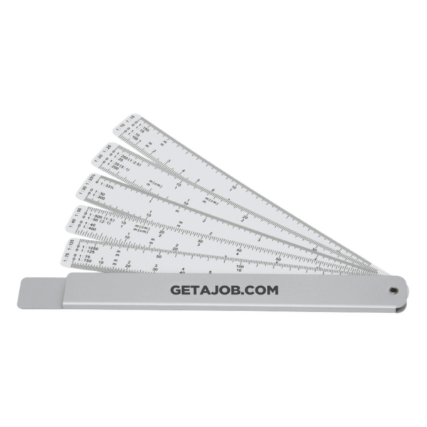 Multi-scale Utah Rulers, fanned out, labeled GETAJOB.COM on the handle.
