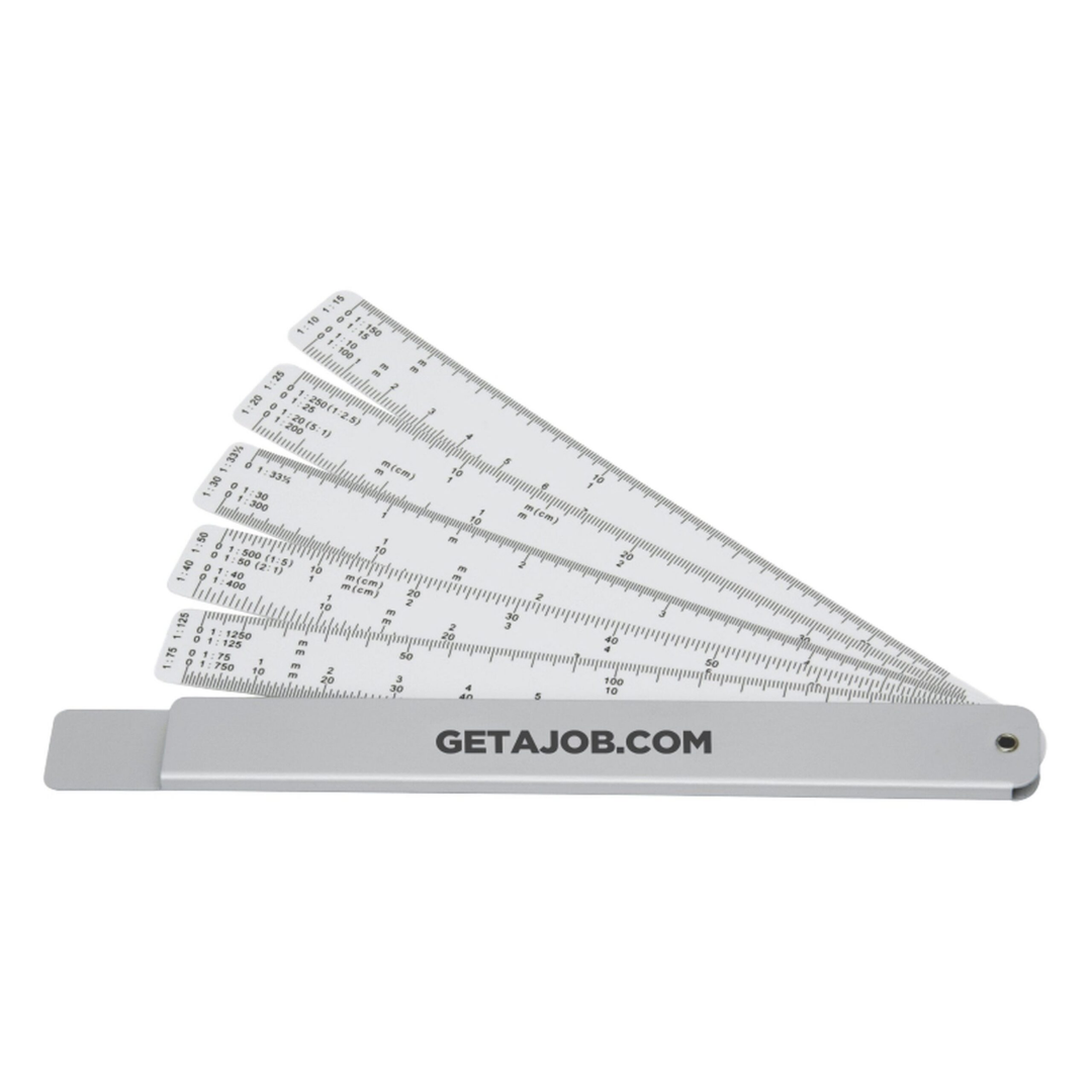 Multi-scale Utah Rulers, fanned out, labeled GETAJOB.COM on the handle.