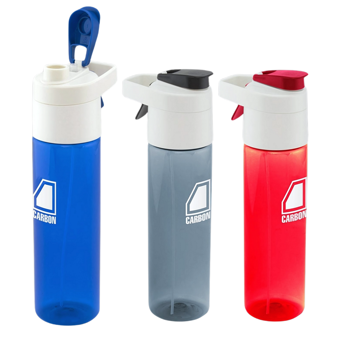 Three Nestle Spray Water Bottles in blue, gray, and red with flip-top lids and spouts.