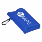 Blue pouch with Perila Picnic Mats logo, black carabiner—ideal for storing your picnic mat.