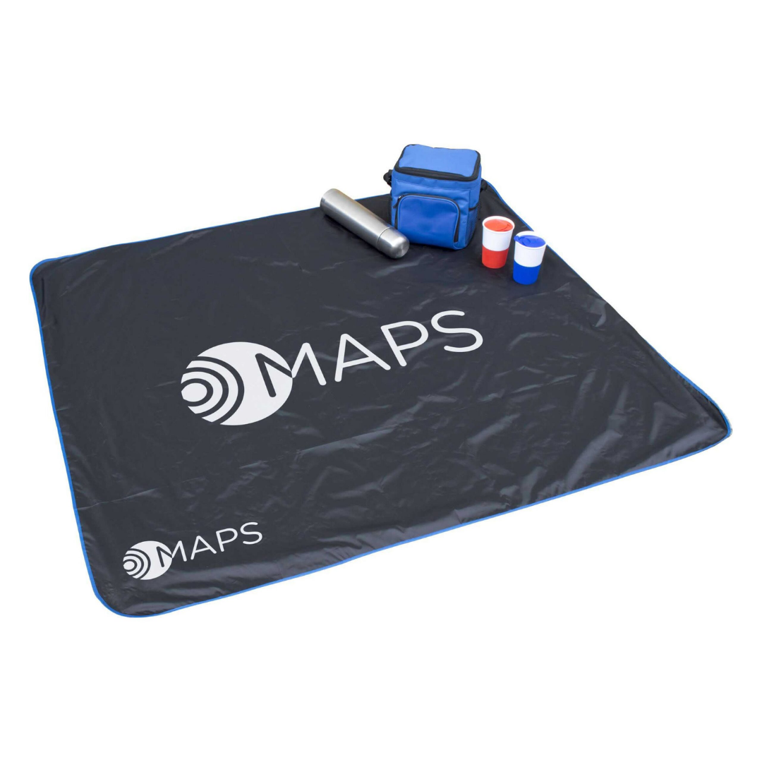A black Perila Promotional Picnic Mat with MAPS logo, silver bottle, cups, and blue cooler bag.